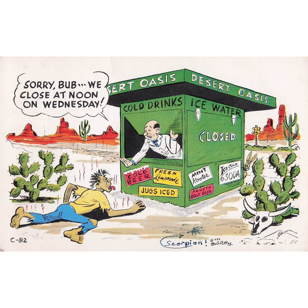 Vintage Desert Oasis Comic Postcard Bob Petley Laff Card Route 66 Humor Closed